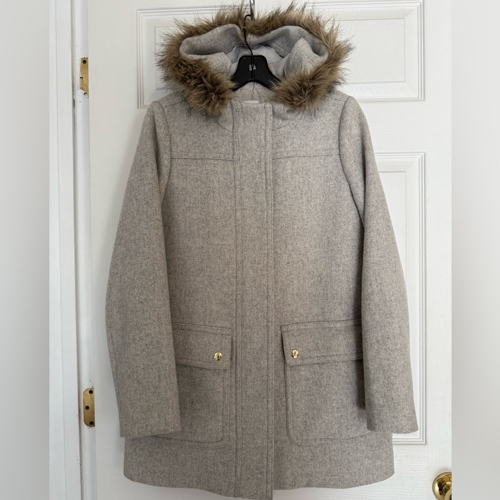 J.Crew Heather Gray Wool Blend Parka with gold hardware and fur trimmed hood